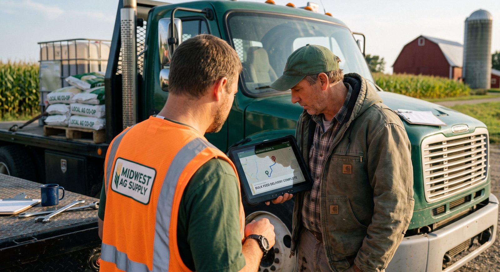 Two men examining a tablet near a green truck with bags of grain. Green soybeans and a red barn are in the background.
