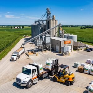 Grain elevator complex with silos, conveyor belt, truck, forklift, and pallets of grain. Yellow Caterpillar forklift moves bags.