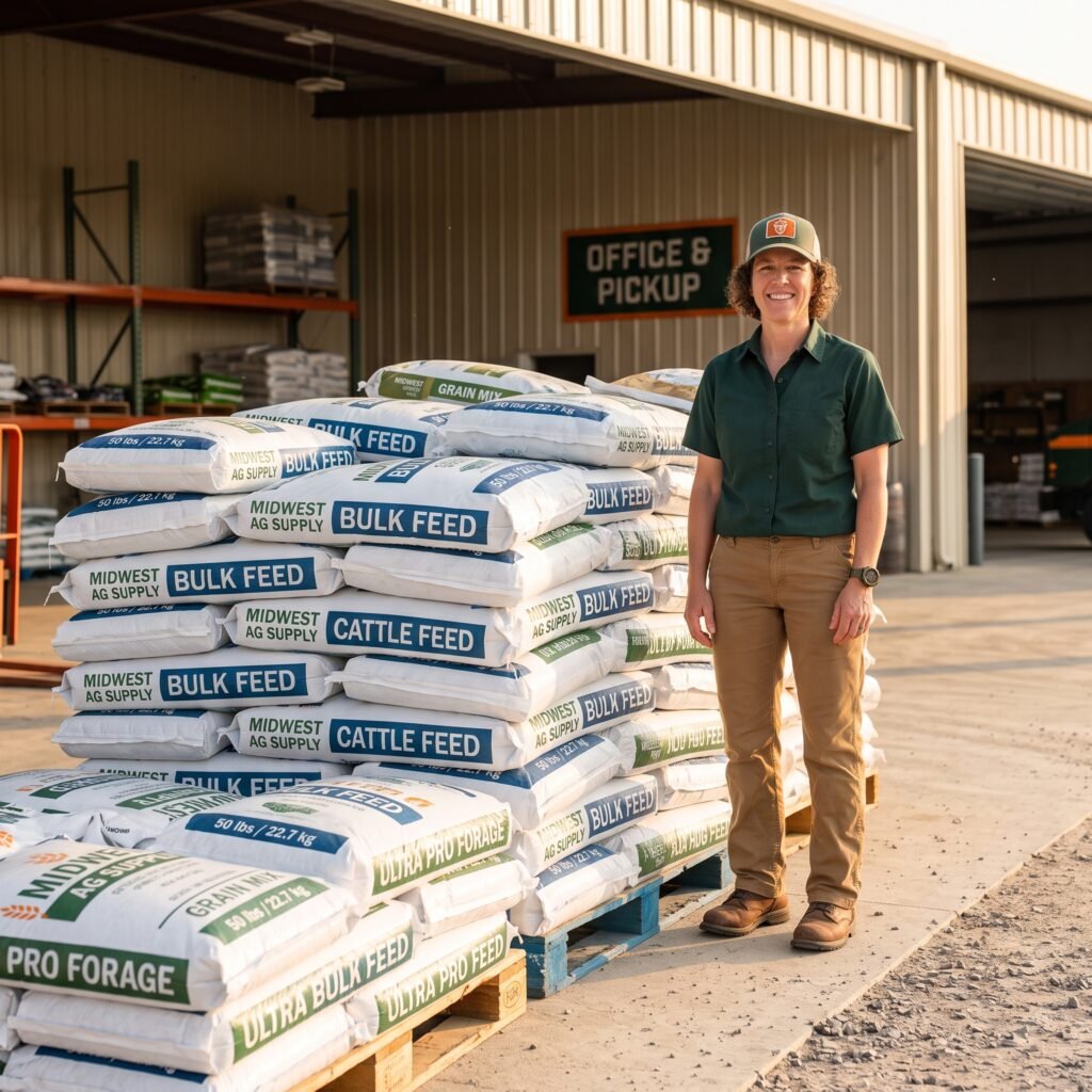 Person in olive shirt & hat stands proudly by tall stacks of "Midwest Ag Supply" bulk feed bags on a pallet. Forklift visible in background.
