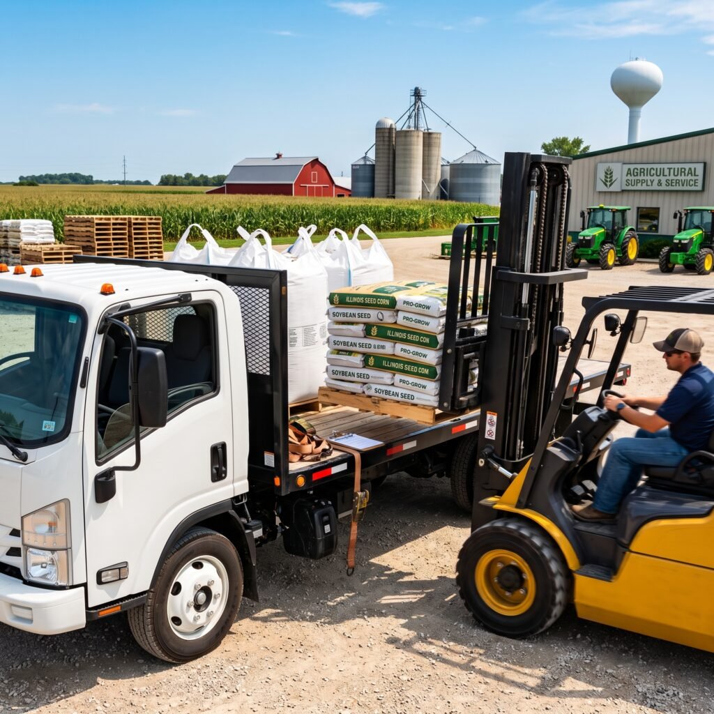 Forklift lifts bags of soybean seed onto a flatbed truck. A man operates the yellow forklift. Green tractors are visible in the background.